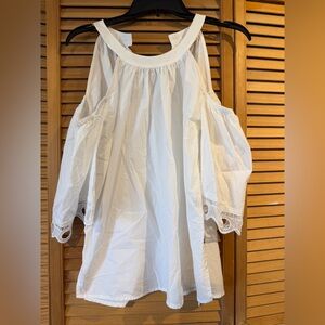 White Cold-Shoulder Crochet Trim Women's Top